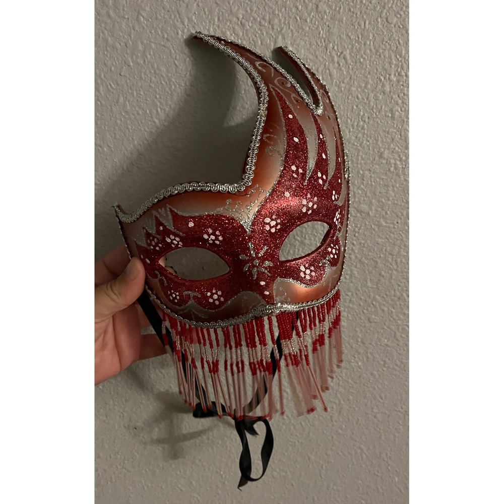 Red Silver Masquerade‎ Mask Beaded Fringe Glitter Venetian Costume Party Ribbon